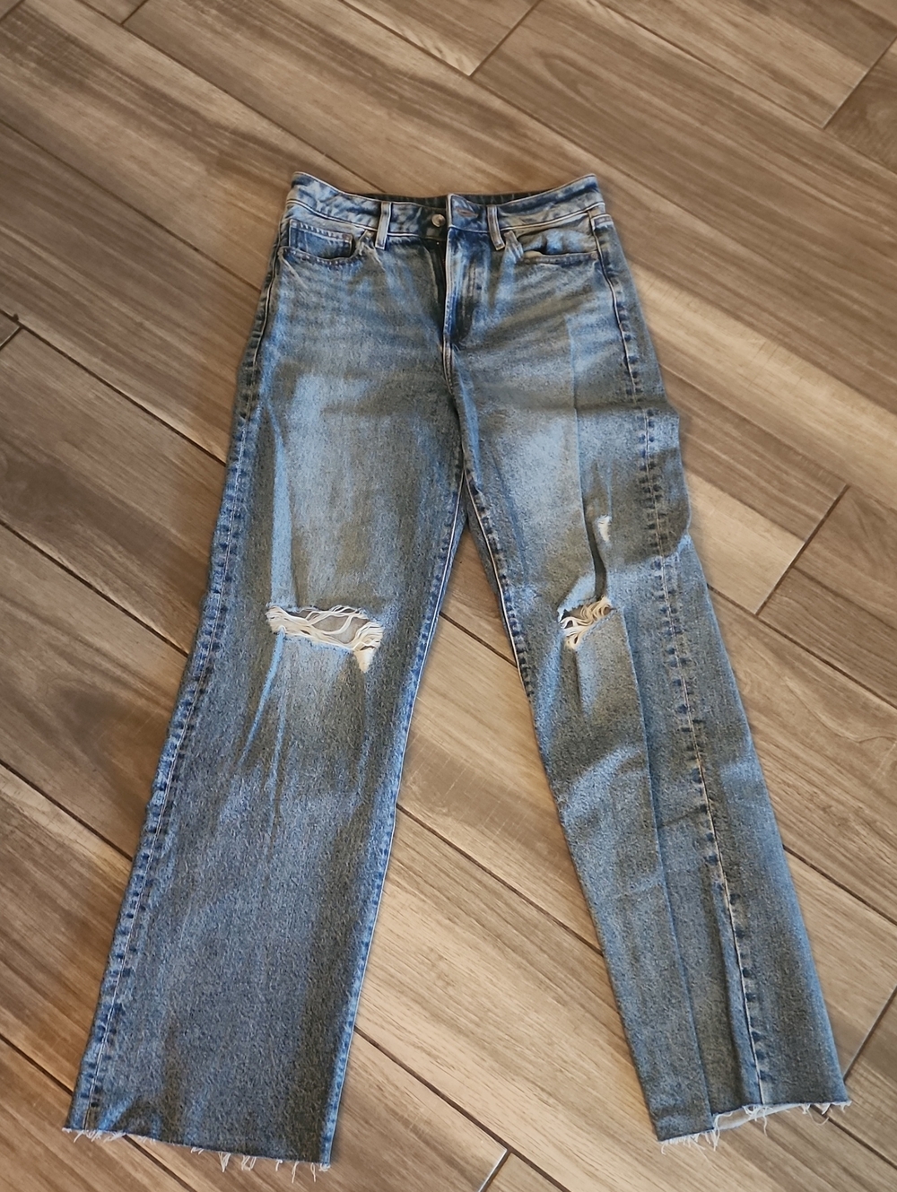 Express Light Blue Distressed Straight Leg Jeans